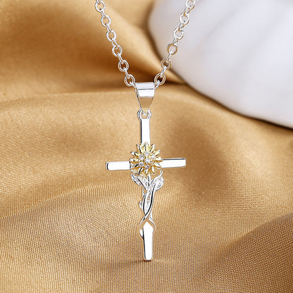 Cross Gold And Silver Two-color Sunflower Flower Hanging Women's Pendant Necklace