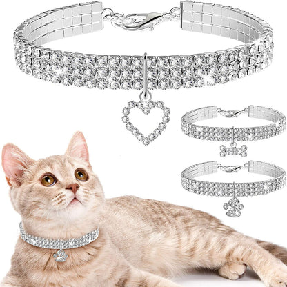 Glamorous 3-Piece Rhinestone Pet Collar Set - Adjustable Glitter Necklaces for Small Dogs & Cats (White)