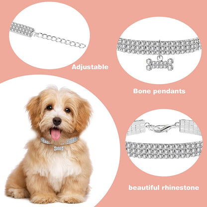 Glamorous 3-Piece Rhinestone Pet Collar Set - Adjustable Glitter Necklaces for Small Dogs & Cats (White)