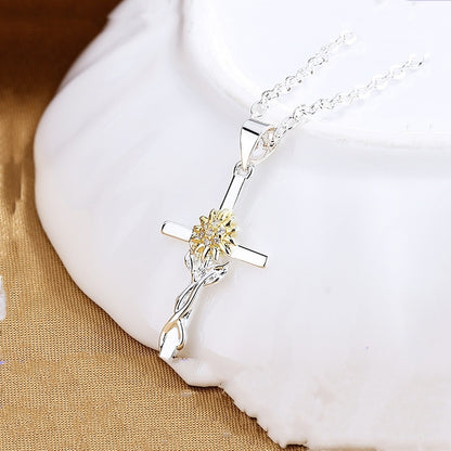 Cross Gold And Silver Two-color Sunflower Flower Hanging Women's Pendant Necklace