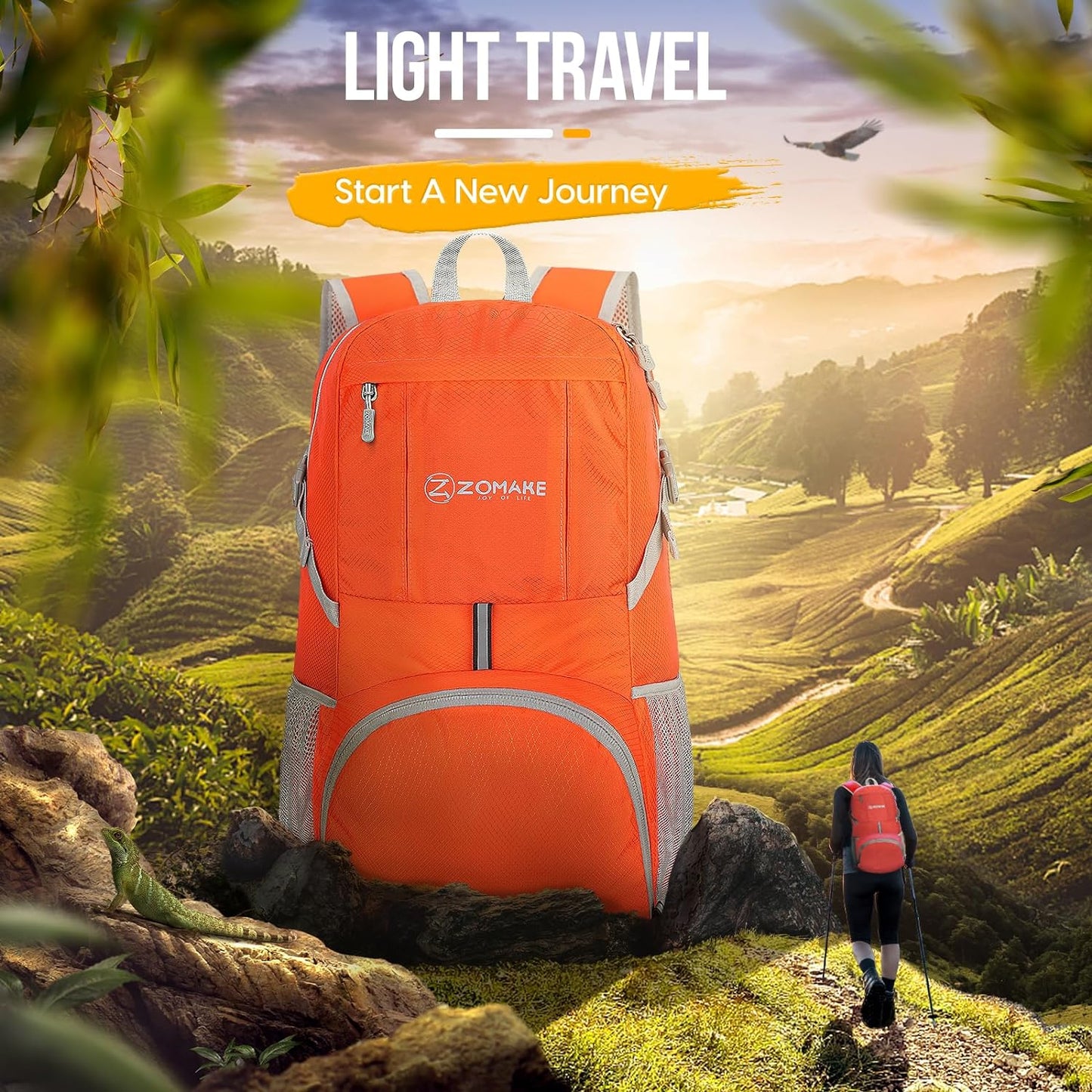 Lightweight Packable Backpack 35L, Light Foldable Backpacks Water Resistant Collapsible Hiking Bag, Compact Folding Day Pack for Travel Camping(Orange)