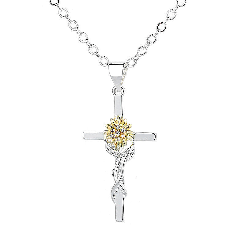 Cross Gold And Silver Two-color Sunflower Flower Hanging Women's Pendant Necklace