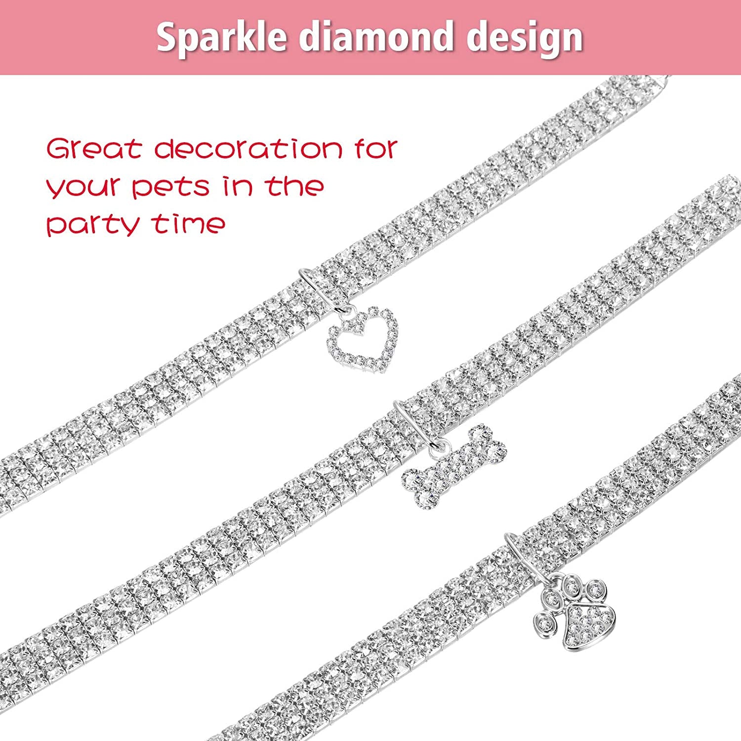 Glamorous 3-Piece Rhinestone Pet Collar Set - Adjustable Glitter Necklaces for Small Dogs & Cats (White)