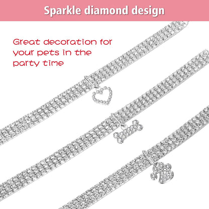 Glamorous 3-Piece Rhinestone Pet Collar Set - Adjustable Glitter Necklaces for Small Dogs & Cats (White)